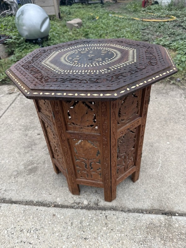 Antique Octagonal Carved Wooden Folding India Side Table 18×18