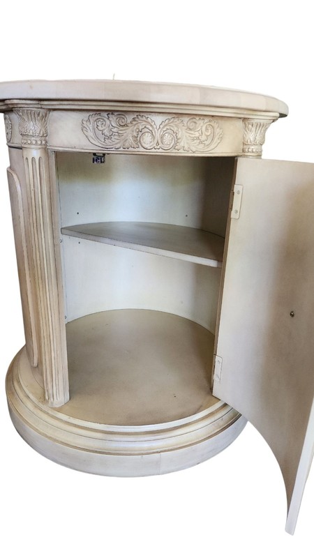 Neoclassical Round Pedestal Cabinets with Marble Tops – Pair gallery