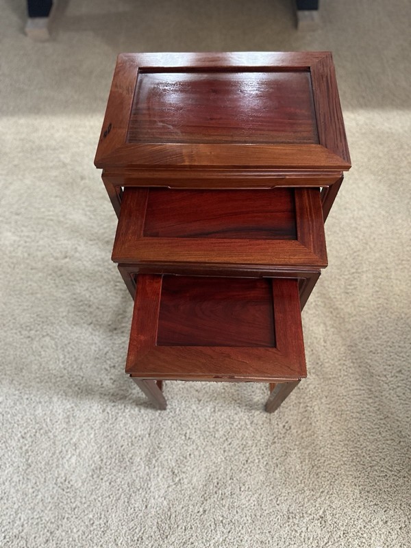 Vtg Asian Chinese Set of 3 Nesting Nested Side Tables Solid Rosewood EUC gallery