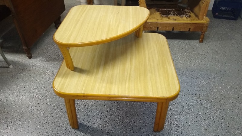 1950s TIERED THICK BAMBOO CORNER TABLE WITH LAMINATE TOP gallery
