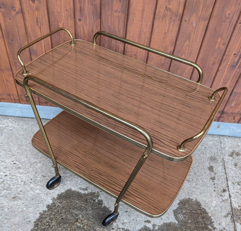 Serving Cart Tea Cart Walnut 60s Table Side Table Brass Mid Century 2 gallery