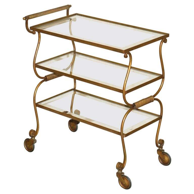 STUNNING ANTIQUE ITALIAN CIRCA 1950’S BRASS & GLASS TEA CAKE SERVING TROLLEY