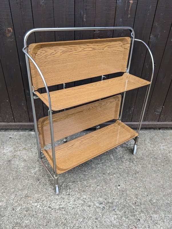 Dinette Serving Cart Tea Cart Table Side Table Oak Bar Chrome 70s Oak gallery