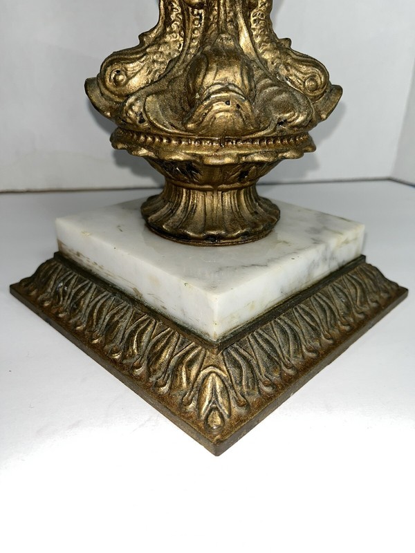 HOLLYWOOD REGENCY Italian Marble Table Brass Dolphin Base 16.5" gallery