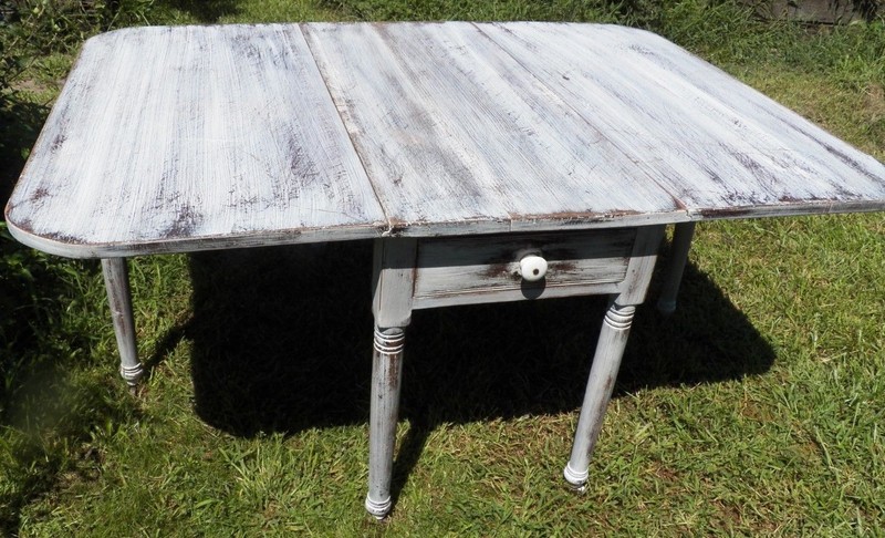 Large Antique Shabby White Dining Table Solid Walnut turned leg drop leaf