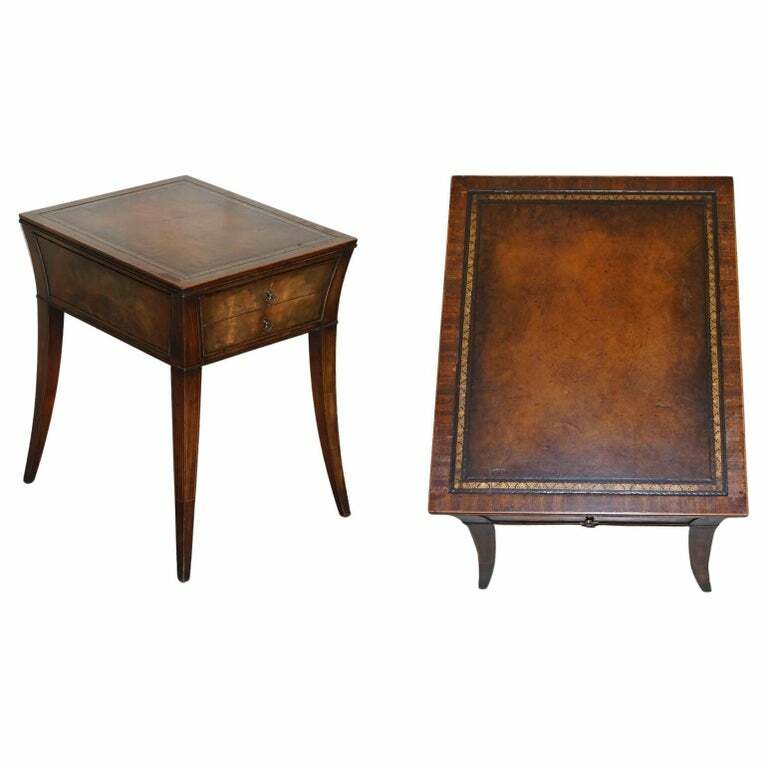 VICTORIAN MAHOGANY CURVED SINGLE DRAWER SIDE END LAMP TABLE BROWN LEATHER TOP