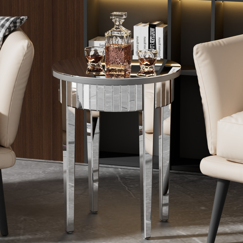 Round Silver Mirrored Side Table Modern Glass Accent for Living Room & Bedroom