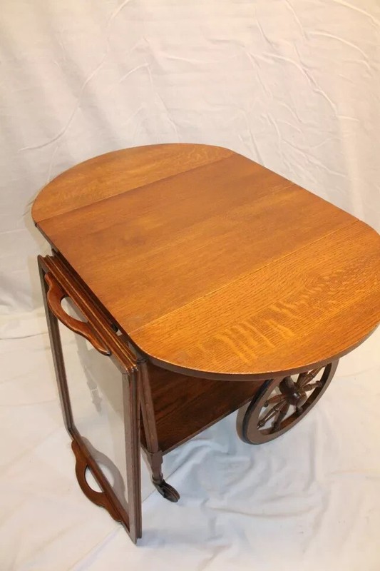 Arts & Crafts Tiger Oak Tea Cart Serving Table, Drop Leaf with Glass Tray gallery
