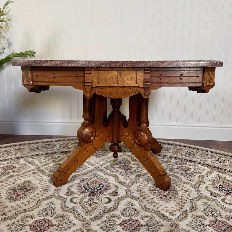 Antique Victorian Walnut & Burl Marble-Top Table – c.1880s gallery