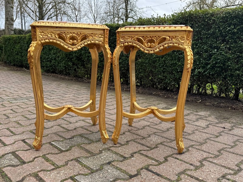 Side Tables French Louis XVI Gold Beech Pink Marble 1970 Occasional Pair 2 Pcs gallery