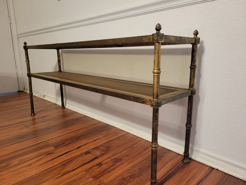 Vintage Hollywood Regency Gold Entry Table 1970s Modernist Etagere Tiered gallery
