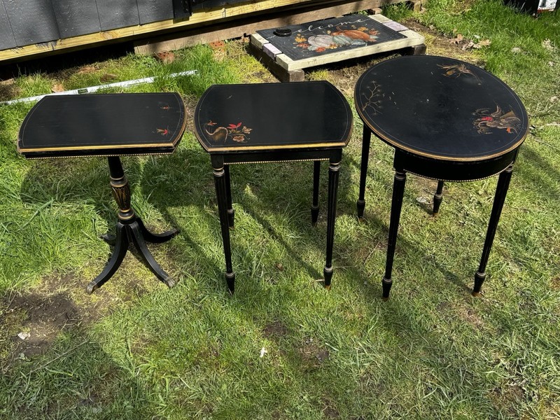 Vintage Oriental Asian Black Nesting Tables Set Of Three w Decorative Table Tops