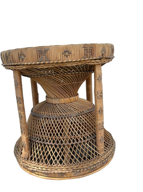 Vintage Emmanuelle Rattan Side Table Wicker Stool Peacock Ottoman Rare 1970s gallery