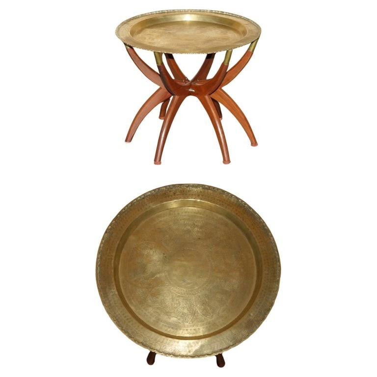 MID CENTURY MODERN MOROCCAN BRASS TRAY TABLE WITH TEAK FOLDING BASE