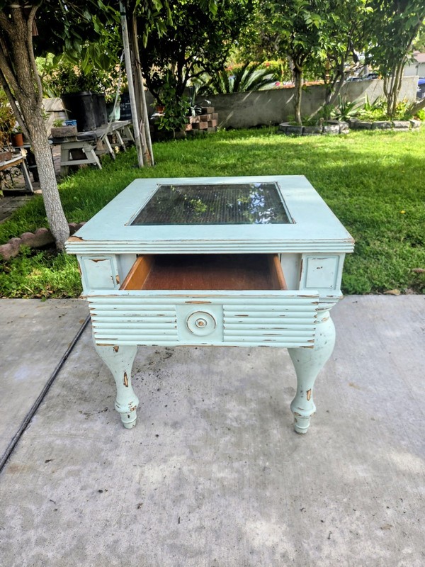 Vintage Rustic Style Chic Light Blue Side Table W/Glass Top gallery