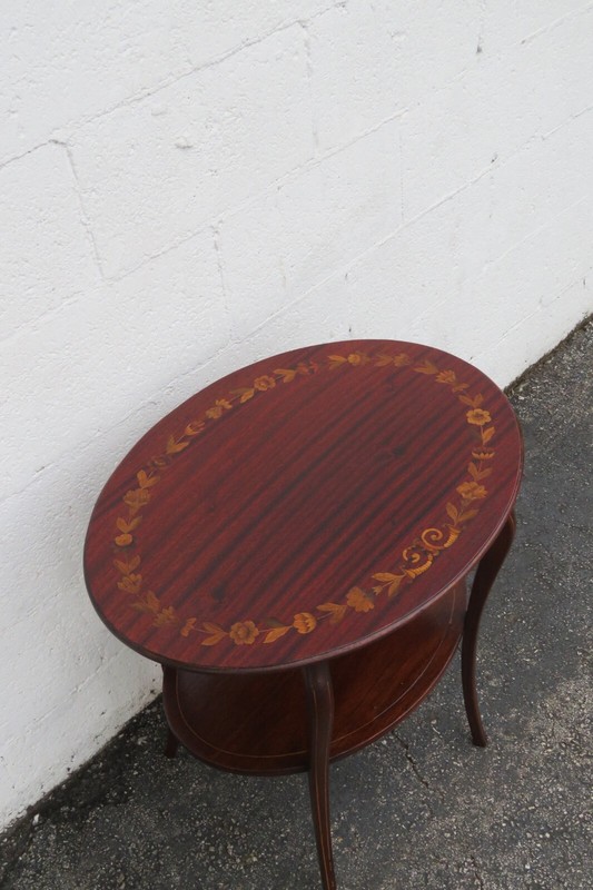 Victorian 1890s Inlay Two Tier Oval Side End Table 5641 gallery