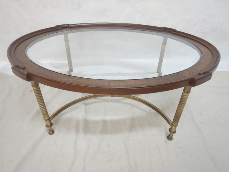 Mid Century Coffee Table by Brandt Beveled Glass & wood with Brass Column legs gallery