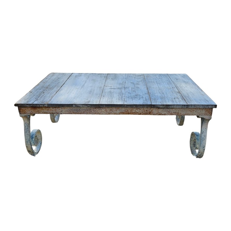 Vintage French Country Coffee Table Cast Iron Whitewashed Wood Top 50's Coastal gallery