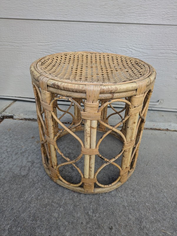 Vintage Asian Boho Chic Bamboo Rattan Cane Round Side Table Plant Stand Stool gallery