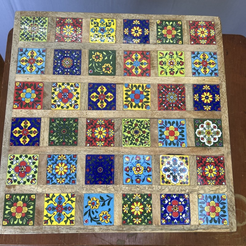 Wood Handmade Top Table Riser Monterrey Style w/36 Colored Tiles. 15″x15″