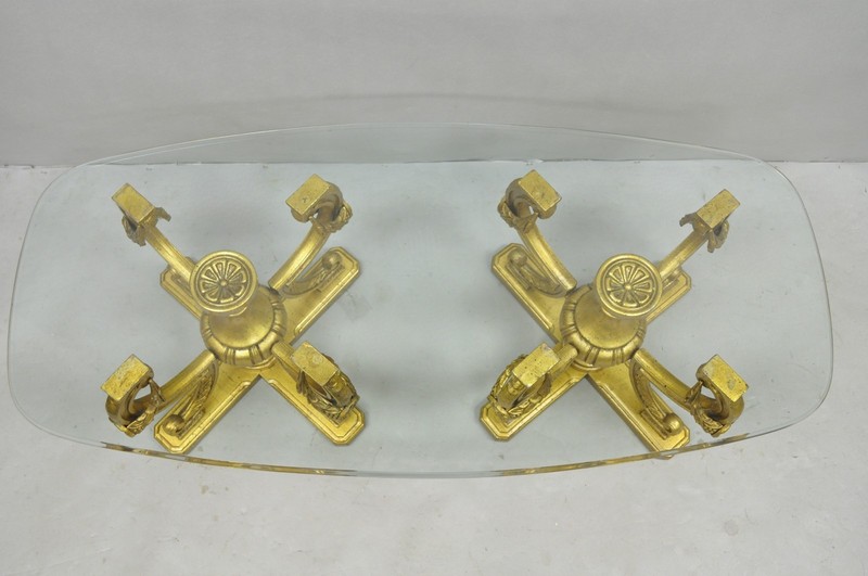 Vintage Italian Hollywood Regency Gold Gilt Metal Double Pedestal Coffee Table gallery