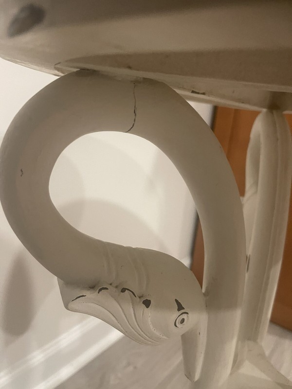 Vintage Table White Paint Over Dark Wood Carved Swan Table 20” Top 27” Floor Top gallery