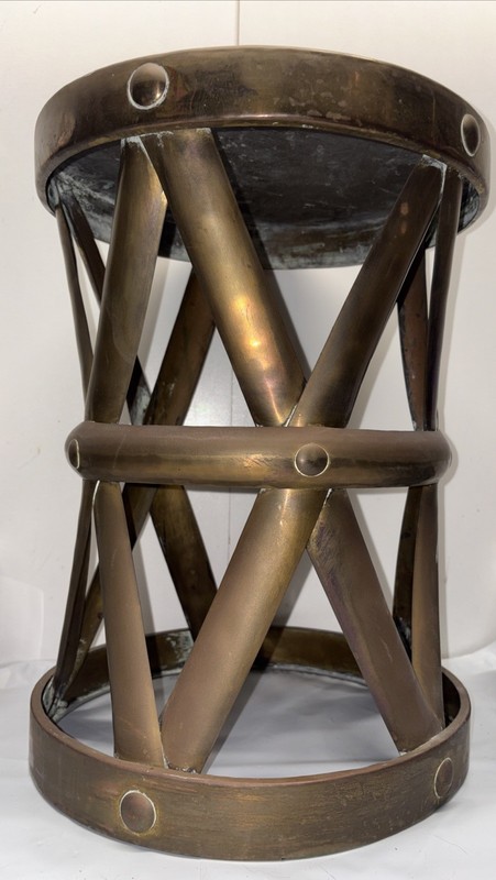 Vintage Hammered Brass Lattice Drum Table Garden Stool MCM Hollywood Regency