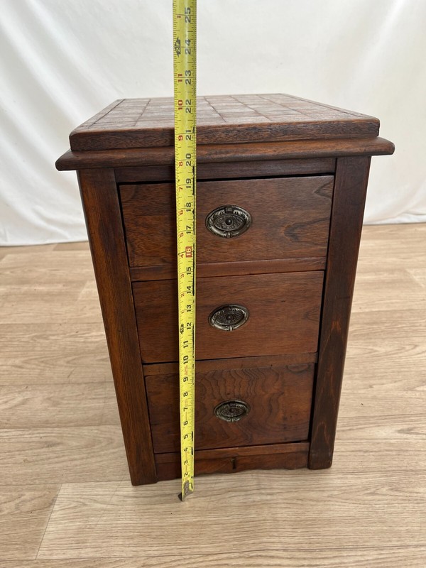 Antique Side Table, Nightstand, Three Drawers, Parquet Style Top, Walnut gallery