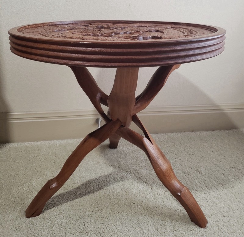 Vintage Asian Oriental Wood Carved Dragon Side Table w Folding Legs 19 Inch Tall gallery