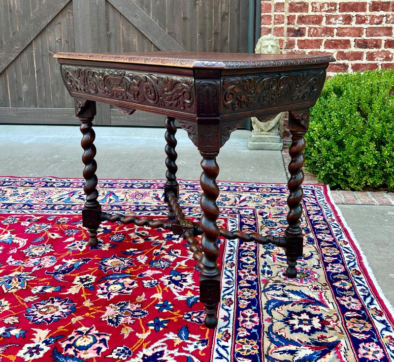 Antique French Parlor Table BARLEY TWIST Renaissance Revival CHERUBS Oak 19thC gallery