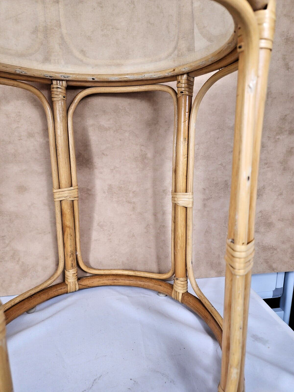 Vintage Rattan Bamboo Round Side End Table Glass Top MCM Tiki Boho Drum gallery
