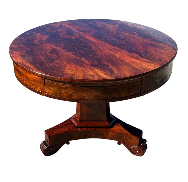 ANTIQUE LATE FEDERAL MAHOGANY THREE DRAWER CENTER TABLE ON OBELISK PEDESTAL BASE gallery