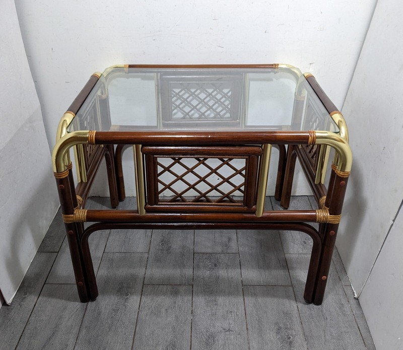 Vintage MCM Boho Hollywood Regency Bent Bamboo Asian End Table with Glass Top A gallery