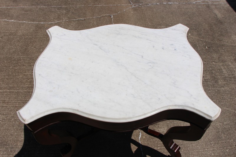 Fabulous Large Victorian Empire Flame Mahogany Scalloped Marble Top Center Table gallery