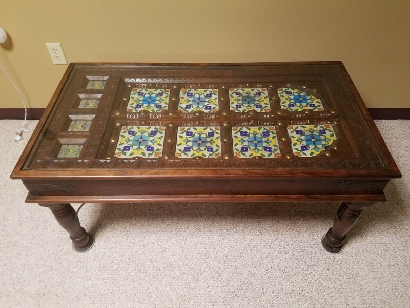 Indian Teak Wood Coffee Table with tile inlay and matching end tables