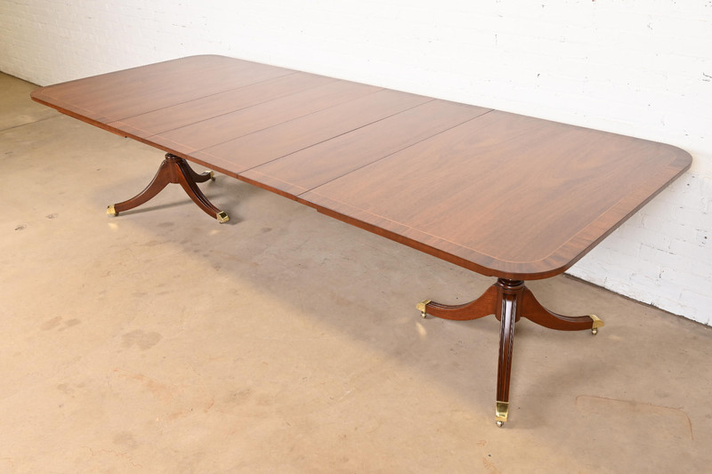 Kindel Furniture Georgian Banded Mahogany Double Pedestal Extension Dining Table