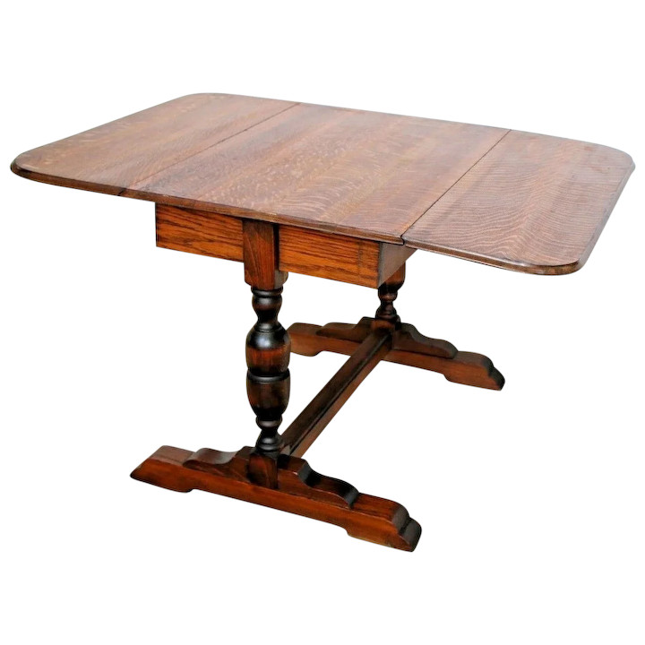 Antique English Pub Table Solid Tiger Oak Drop side Leaf Kitchen Game Seats six