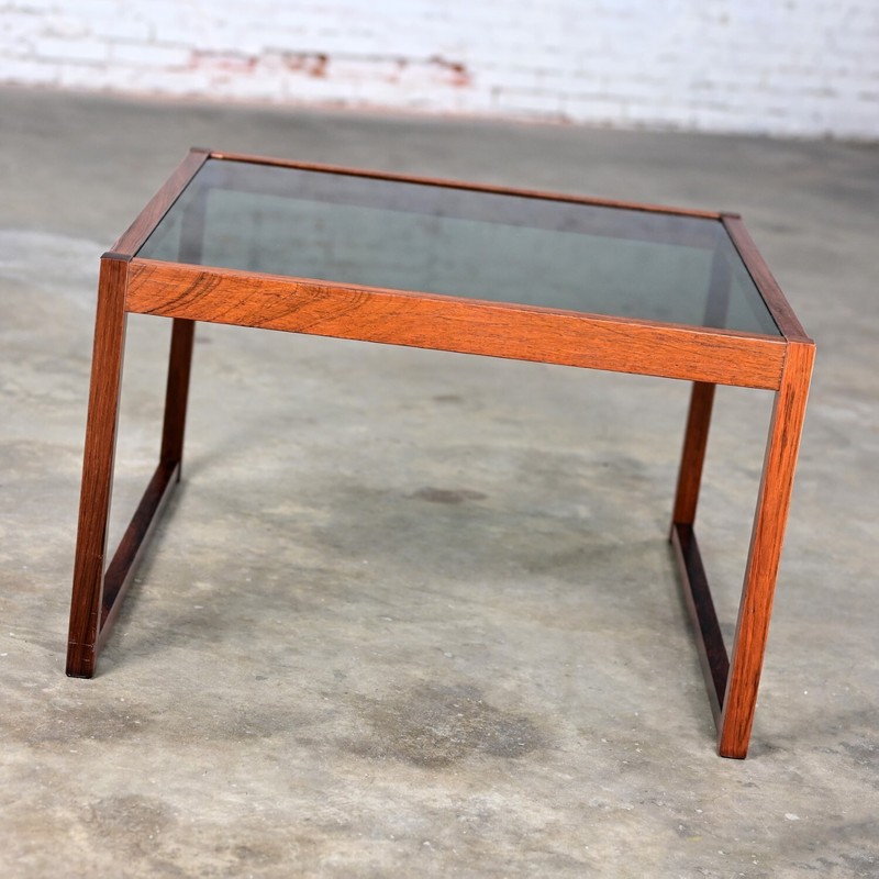 Vintage MCM Rosewood Square Frame & Smoked Glass Top Coffee or End Table gallery