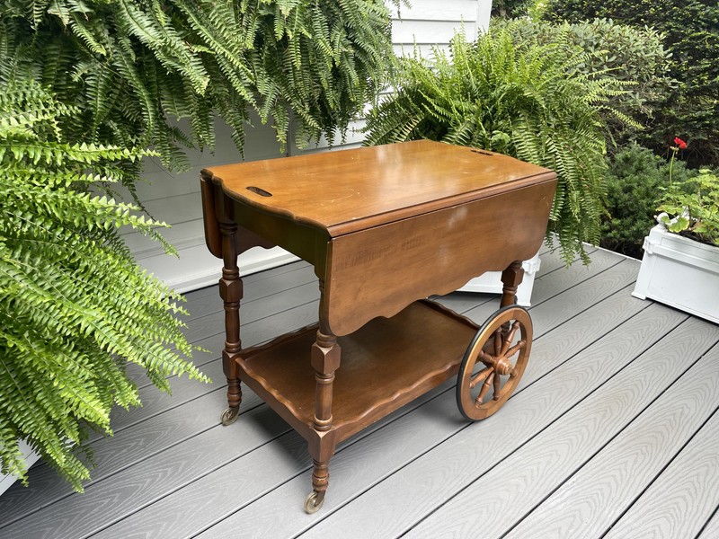 VTG ETHAN ALLEN MAPLE ROLLING TEA CART DROP LEAF SIDE END COFFEE TABLE W/ SHELF gallery