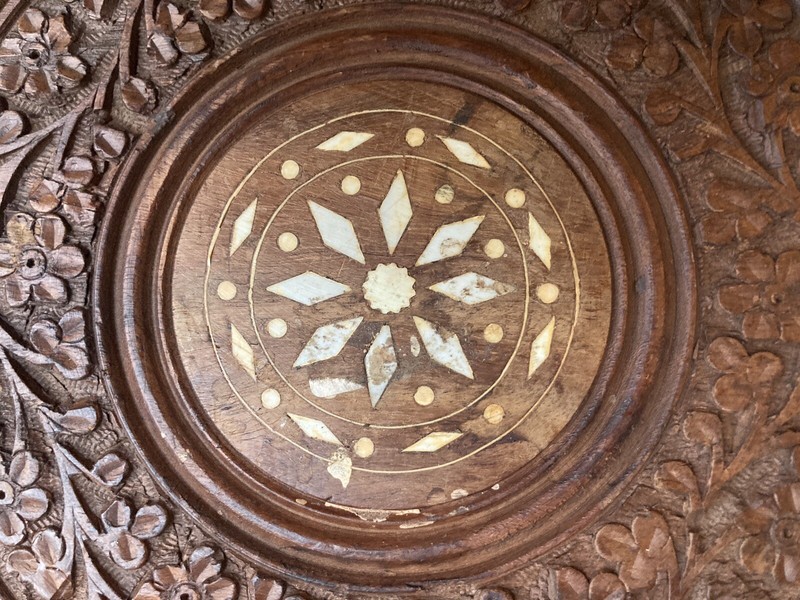 Vintage India Hand Carved Teak Wooden Folding Accent Table With Inlay gallery