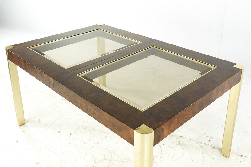 Century Mid Century Burlwood Brass and Glass Dining Table gallery