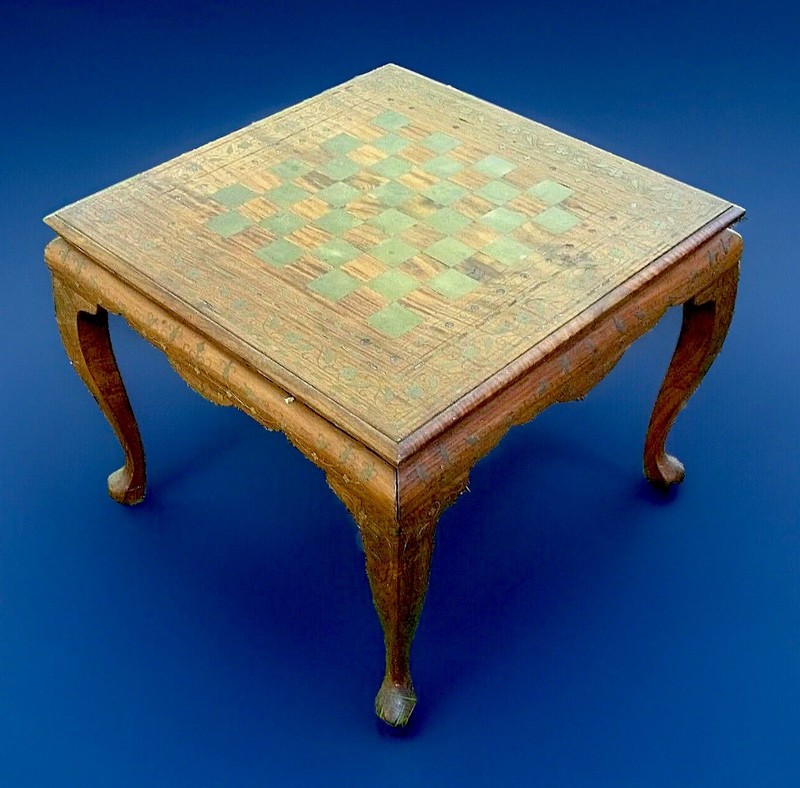 ANTIQUE ANGLO-INDIA BRASS INLAID CHECKERBOARD SIDE TABLE