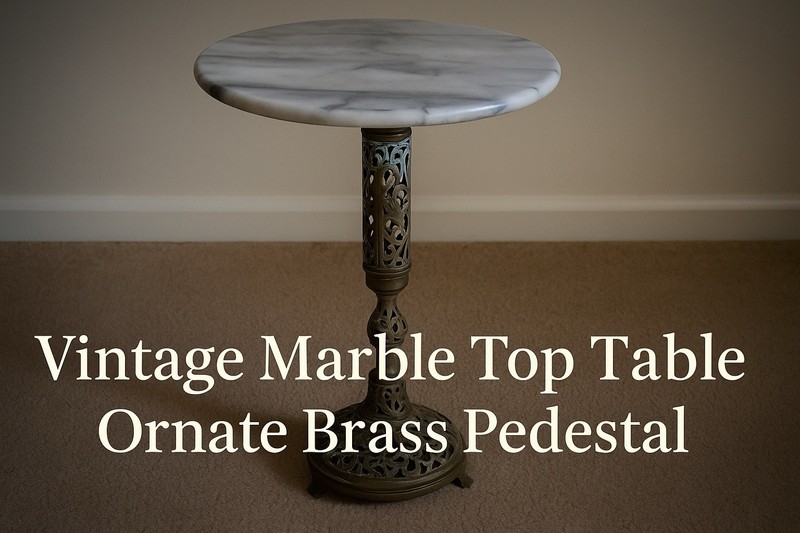 Vintage Marble Top Accent Table Ornate Brass Pedestal Base 1950s