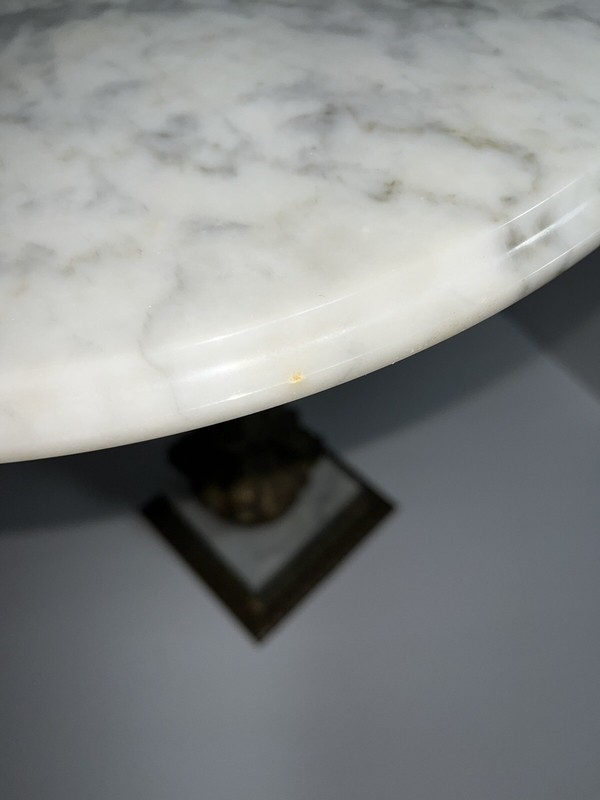 HOLLYWOOD REGENCY Italian Marble Table Brass Dolphin Base 16.5" gallery
