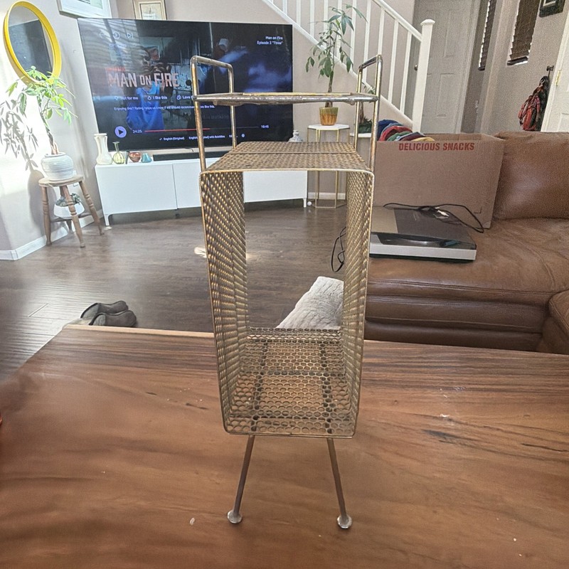 Vintage Wire Rack Mesh Metal Stand Side Table with Pen Holder 1950s Original gallery