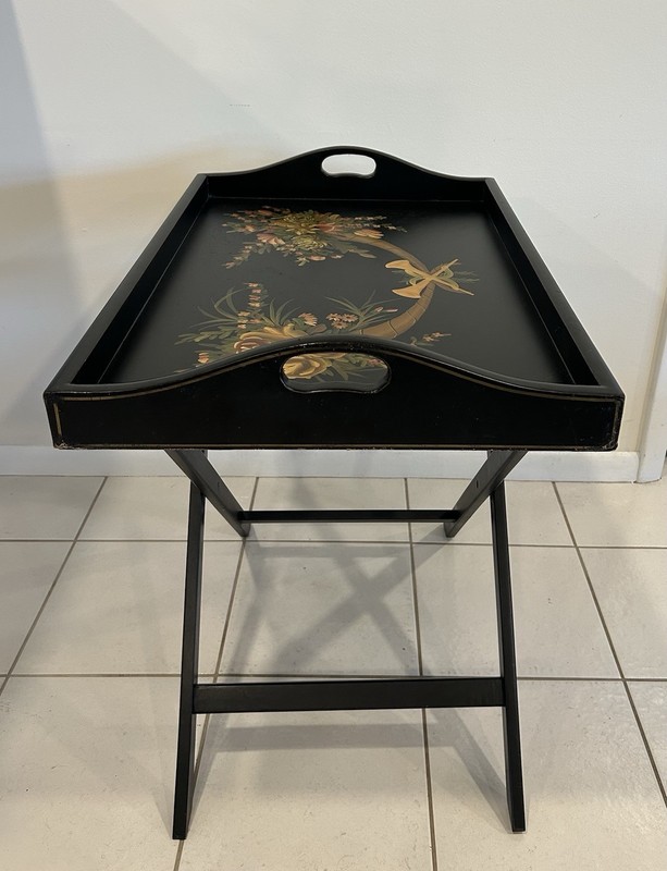 Vintage Butler Tray Coffee Table-Removable Top-Folding Stand-Ebonized And Gilded gallery