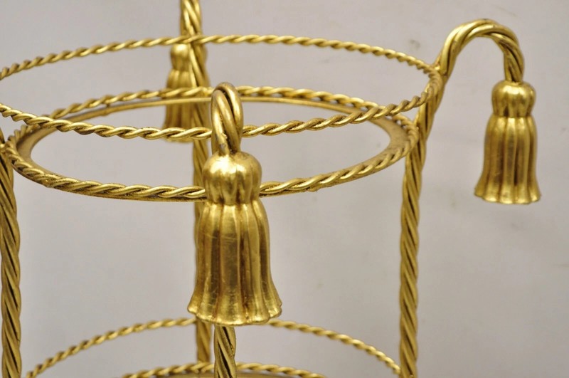 Vintage Italian Hollywood Regency 3 Tier Gold Iron Rope Tassel Stand Side Table gallery