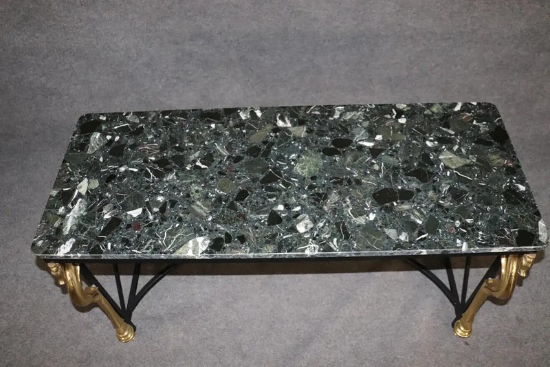 Maison Charles Style Brass Horse and Steel Verdi Marble Console Table circa 1970 gallery