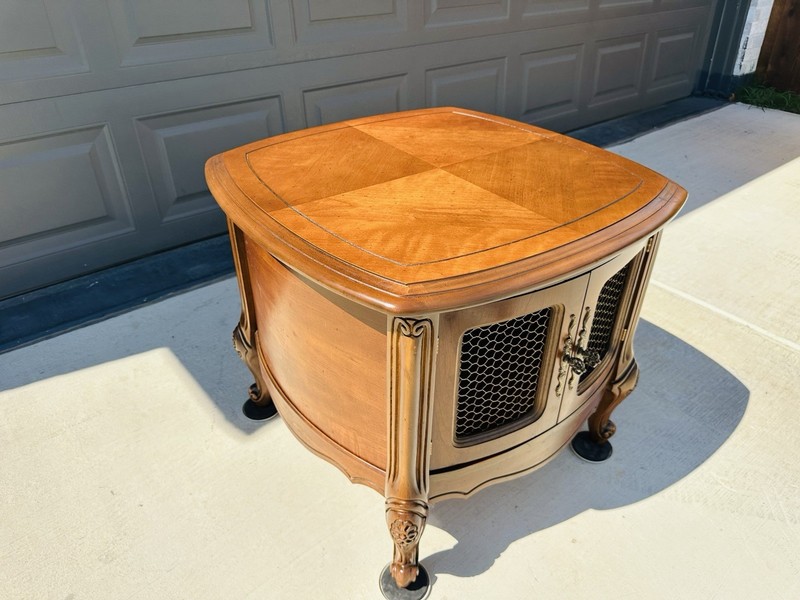 Beautiful Vintage French Provincial Maple Drum Table W/ Screened Window Doors gallery