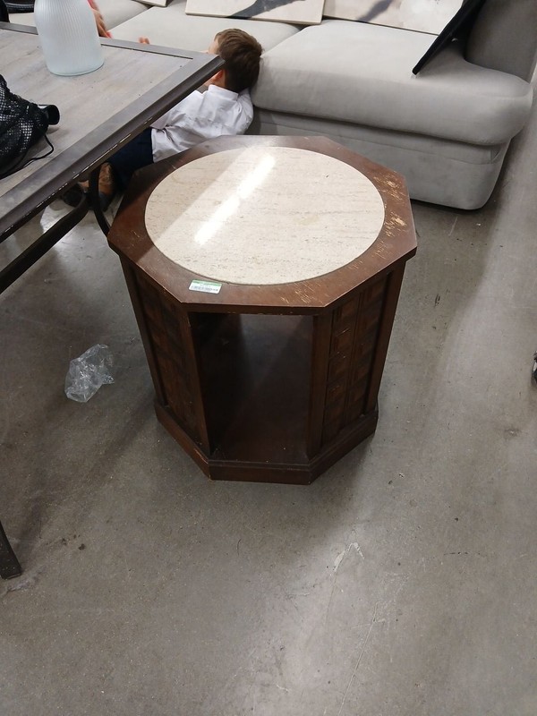 Vintage Mid-Century Modern Octagonal Travertine Top Side Table